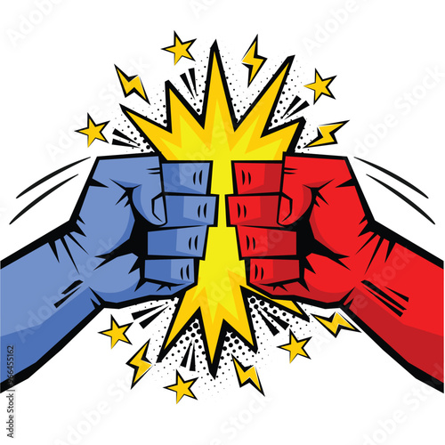 Red vs blue clenched fists fighting. Fist bump, fight without rules comic picture. Concept of conflict, confrontation, resistance, competition, struggle, elections. Vector on transparent background