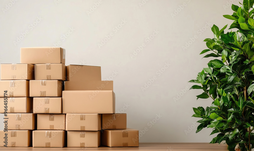 A neat arrangement of cardboard boxes beside a lush green plant against a minimalist background, ideal for storage and packaging themes. A neat arrangement of cardboard boxes beside a lush green plant against a minimalist background, ideal for storage and packaging themes.