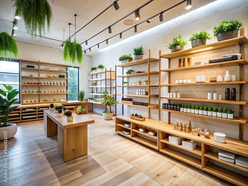 Modern retail space with sleek wooden shelving, minimalist decor, and ample natural light, showcasing an inviting atmosphere for customers to explore and discover products. photo