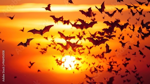 A swarm of bats flying against a vibrant sunset.