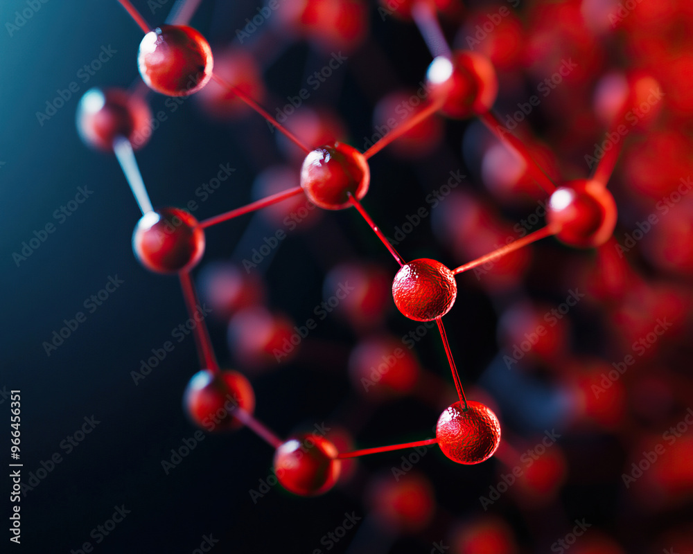 Obraz premium Close-up of a molecular structure showcasing interconnected red spheres on a dark background, symbolizing scientific innovation.