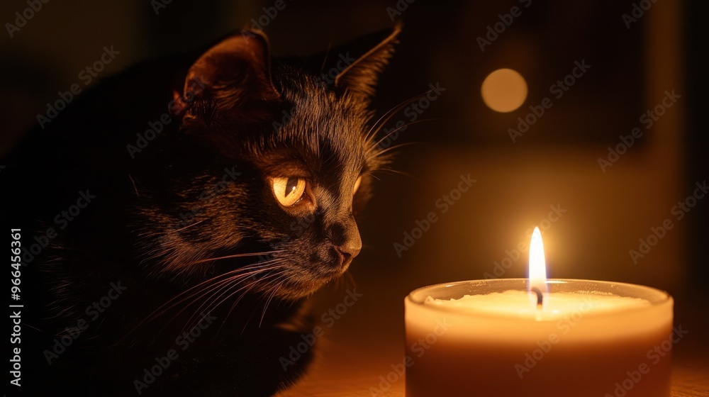 A black cat gazes intently at a flickering candlelight, creating a serene atmosphere. A black cat gazes intently at a flickering candlelight, creating a serene atmosphere.