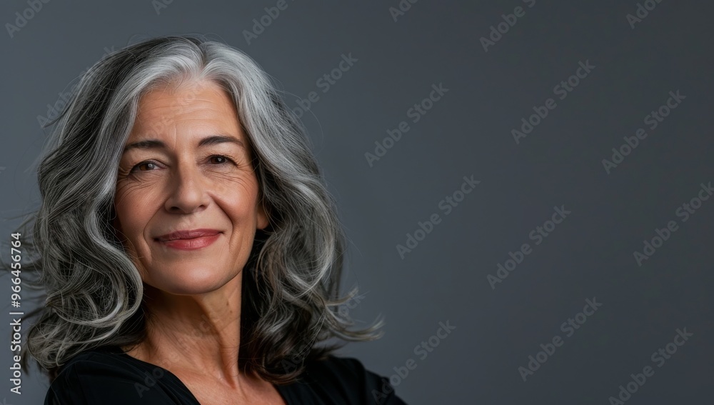 Older woman with silver grey hair, Mature senior model woman smiling for spa beauty and skincare in studio quiet confidence against a isolated backdrop. Copy space Older woman with silver grey hair, Mature senior model woman smiling for spa beauty and skincare in studio quiet confidence against a isolated backdrop. Copy space