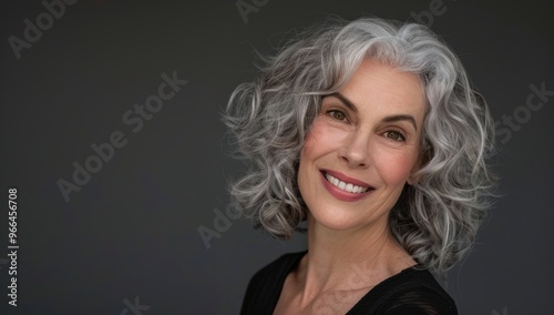 Older woman with silver grey hair, Mature senior model woman smiling for spa beauty and skincare in studio quiet confidence against a isolated backdrop. Copy space