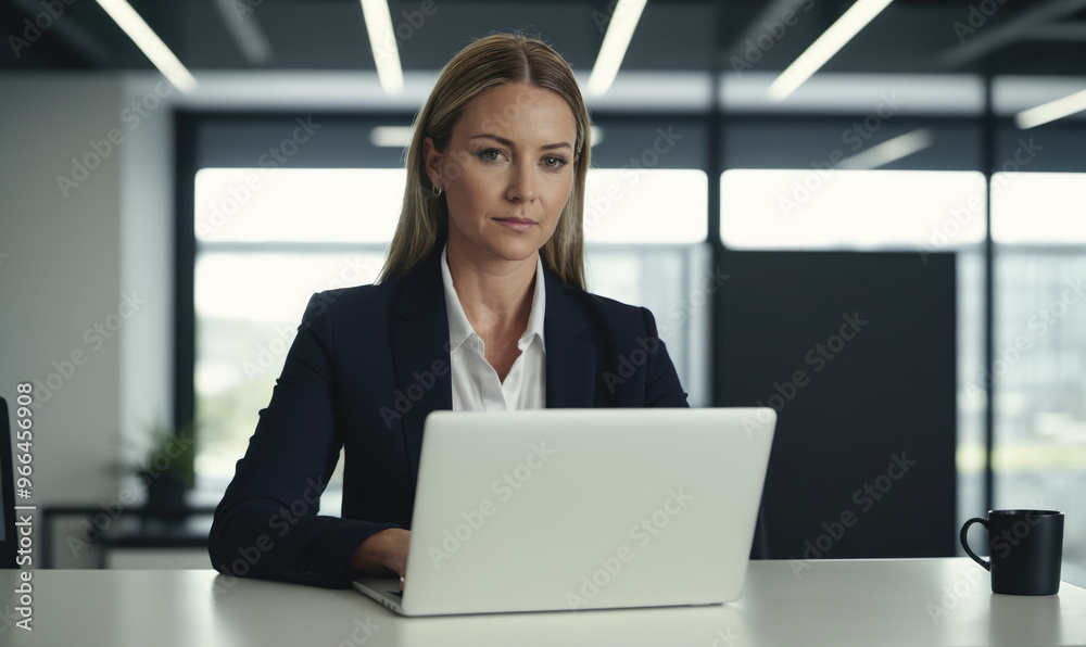 A businesswoman works on her laptop in an office setting A businesswoman works on her laptop in an office setting