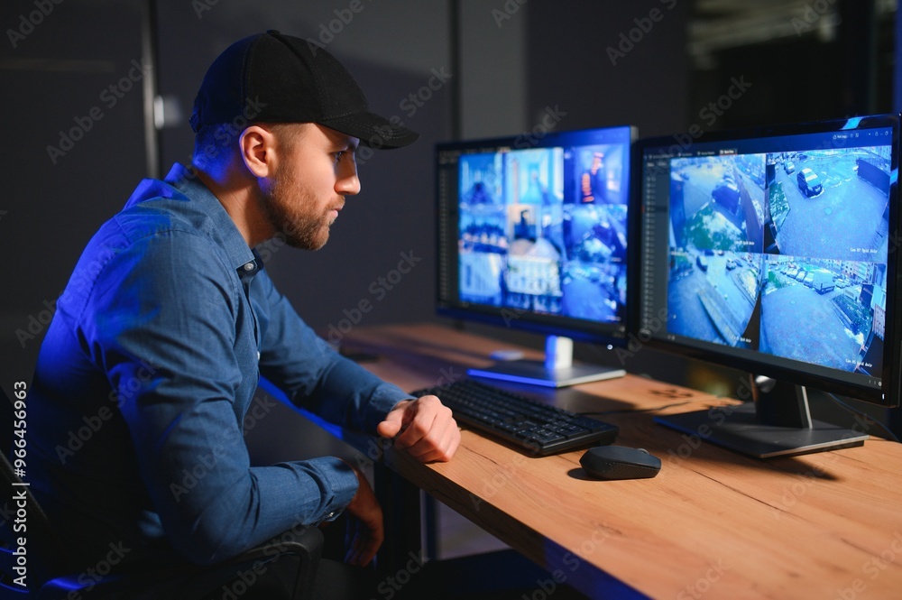 Security operator controls CCTV cameras in office at night. Modern security system and social safety concept Security operator controls CCTV cameras in office at night. Modern security system and social safety concept