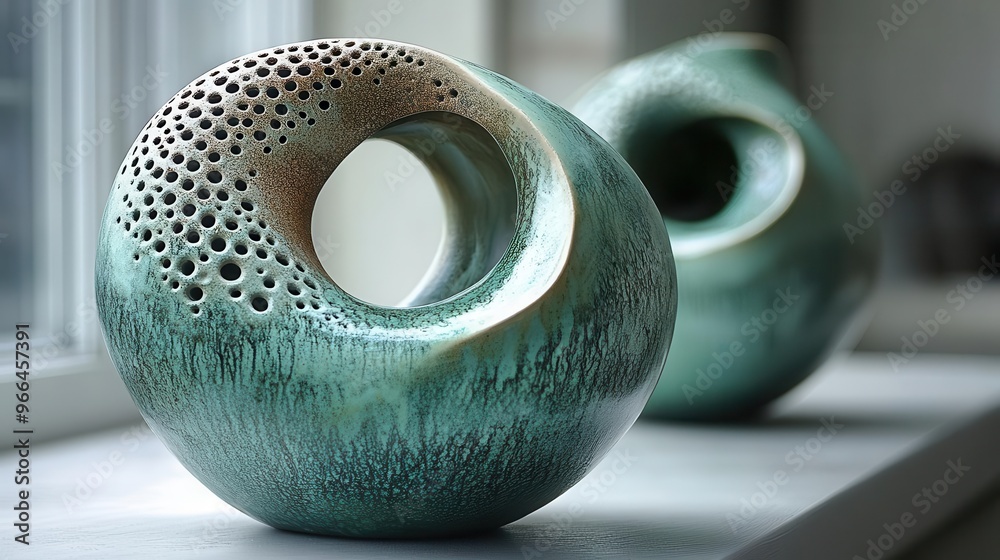 © julija - green ceramic sculpture with circular form textured surfaces organic shapes modern home decor piece artistic craftsmanship unique blend of natureinspired and abstract design