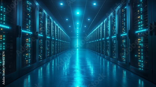 Secure server room with rows of blinking servers illuminated in blue light during nighttime