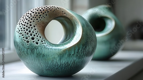 green ceramic sculpture with circular form textured surfaces organic shapes modern home decor piece artistic craftsmanship unique blend of natureinspired and abstract design photo