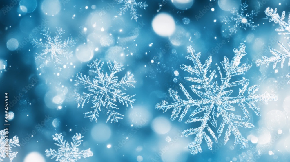 Close-up of snowflakes with a soft bokeh blue background resembling a winter scene Close-up of snowflakes with a soft bokeh blue background resembling a winter scene