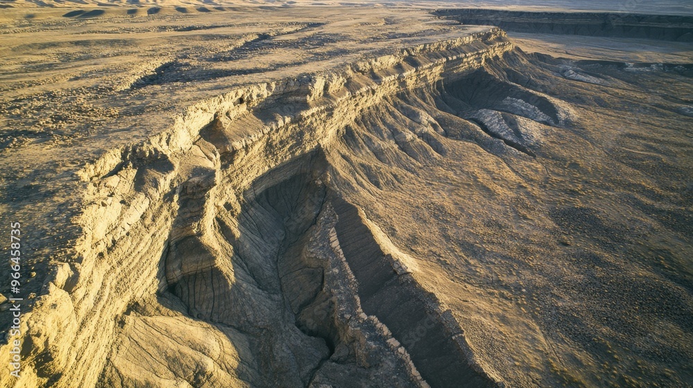 Fototapeta premium Aerial view of sedimentary rock formations in a remote desert revealing dramatic layers and deep crevices formed over millennia