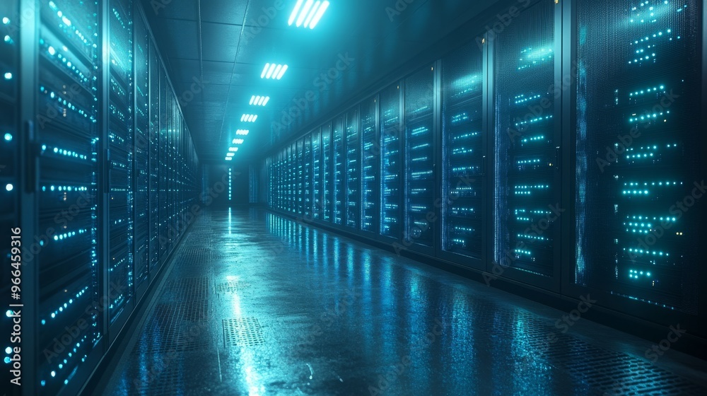 Secure server room with rows of blinking servers illuminated by blue ...