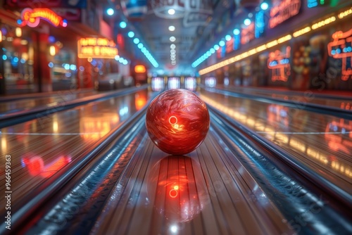 A red bowling ball sits in the center of a lane in a brightly lit bowling alley.