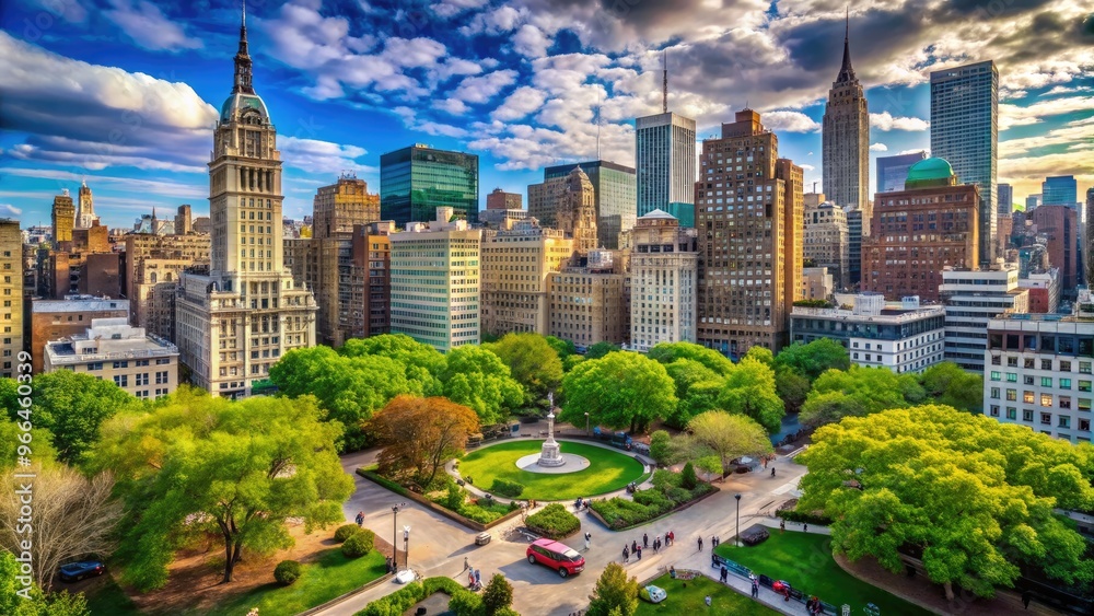 Obraz premium Panoramic View Of Lush Madison Square Park Nestled Amidst Towering Skyscrapers In The Vibrant Heart Of Manhattan.