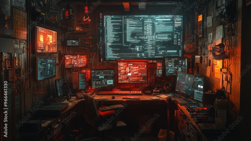 A hacker's workspace brimming with gadgets and screens in a dimly lit room during late hours A hacker's workspace brimming with gadgets and screens in a dimly lit room during late hours
