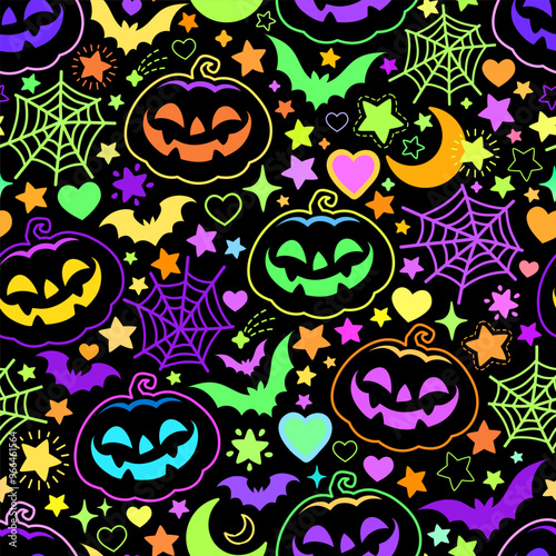 Seamless vector pattern with bright halloween items