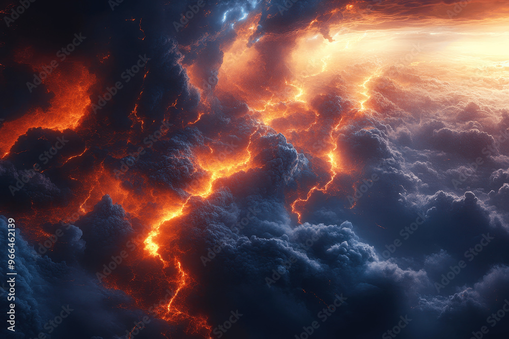 Dramatic sunset illuminating clouds with vibrant orange and blue tones over a tumultuous sky at twilight Dramatic sunset illuminating clouds with vibrant orange and blue tones over a tumultuous sky at twilight