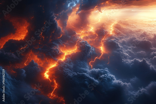 Dramatic sunset illuminating clouds with vibrant orange and blue tones over a tumultuous sky at twilight