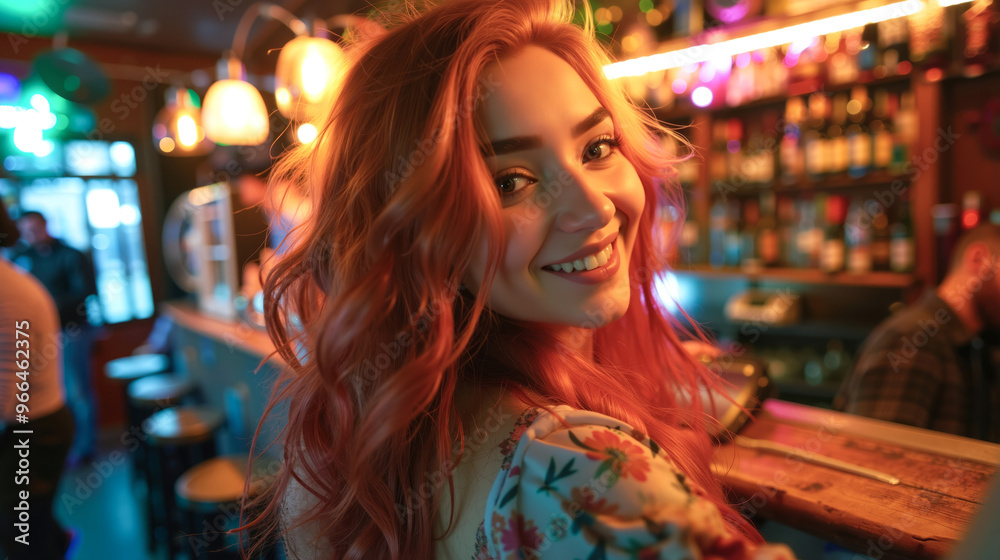 custom made wallpaper toronto digitalA woman with long red hair standing in front of a bar