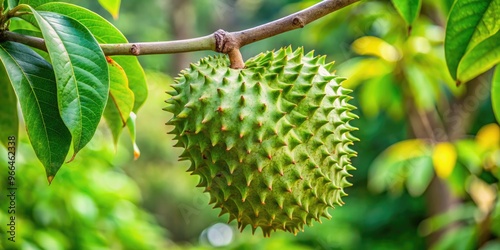 Ripe, prickly, green soursop fruit grows on a tree branch, showcasing its unique, soft, creamy interior, with a few leaves and flowers surrounding it. photo