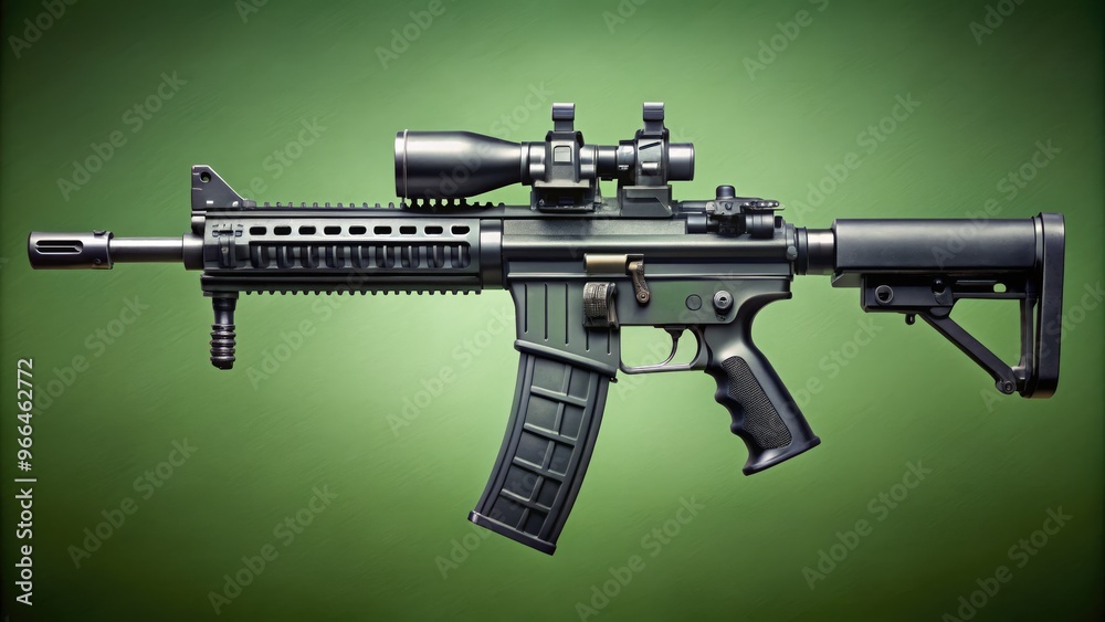 Rugged, black, select-fire assault rifle with collapsible stock and scope, set against a muted green background, evoking a sense of military precision and power. Rugged, black, select-fire assault rifle with collapsible stock and scope, set against a muted green background, evoking a sense of military precision and power.