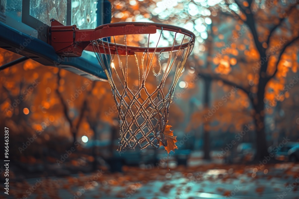 A basketball hoop with a single autumn leaf hanging in the net. A basketball hoop with a single autumn leaf hanging in the net.