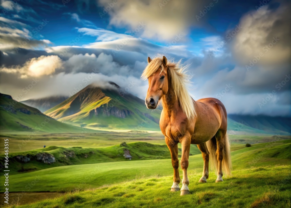 Rustic Icelandic horse standing proudly in a lush green meadow surrounded by rolling hills and a serene misty atmosphere under a cloudy blue sky. Rustic Icelandic horse standing proudly in a lush green meadow surrounded by rolling hills and a serene misty atmosphere under a cloudy blue sky.