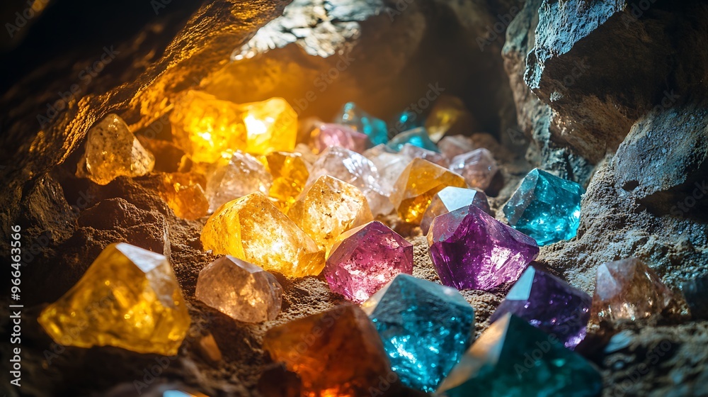 A collection of colorful gemstones are illuminated in a cave, with the light shining from above, creating a sense of mystery and wonder. A collection of colorful gemstones are illuminated in a cave, with the light shining from above, creating a sense of mystery and wonder.
