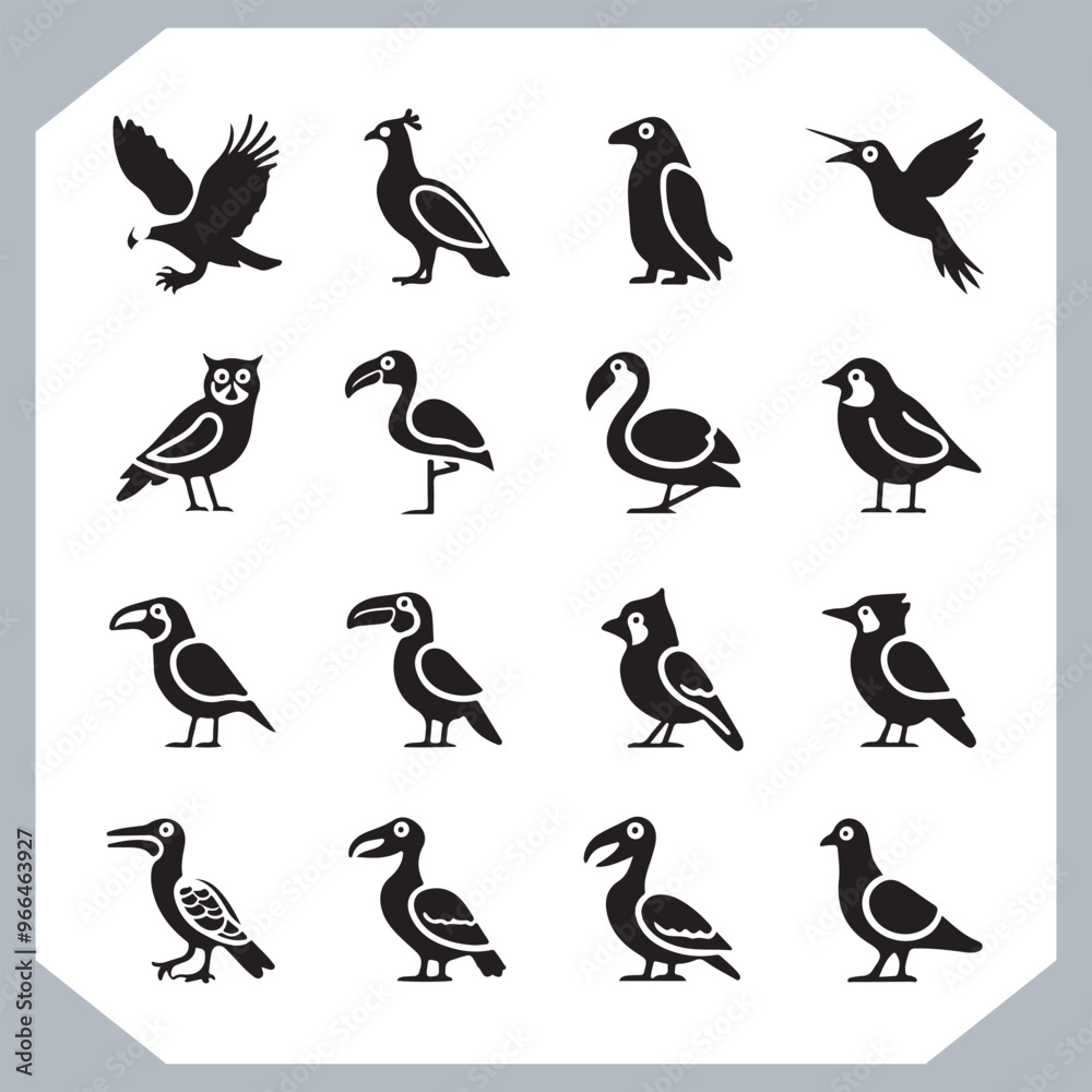 Obraz premium Set of black bird silhouettes and birds collection, bird set design. Eagle, Parrot, Penguin, Owl, Sparrow, Peacock, Flamingo, Hummingbird, Ostrich, Hawk.
