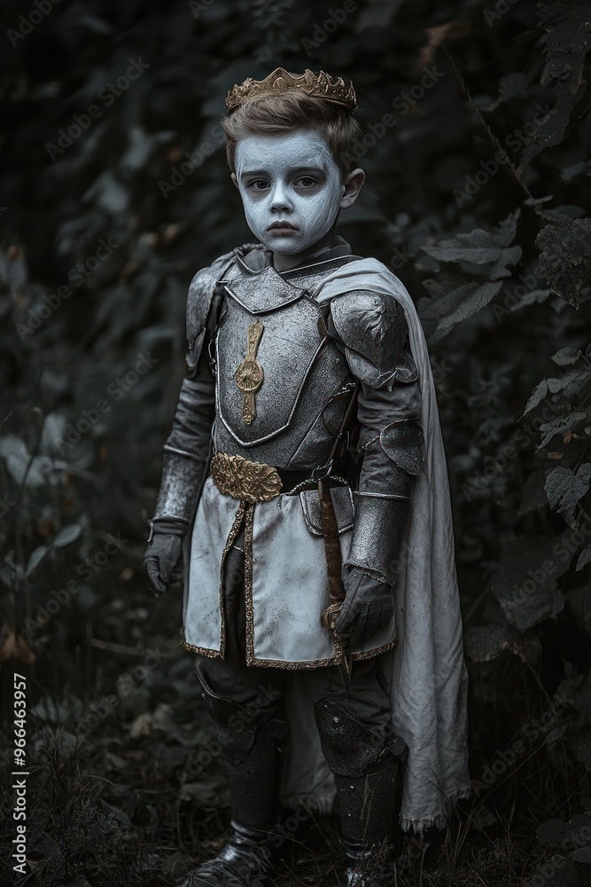 A young boy dressed as a knight stands solemnly in a dark, wooded setting. A young boy dressed as a knight stands solemnly in a dark, wooded setting.
