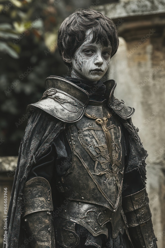 A young person in dark, ornate armor with pale makeup, evoking a fantasy or historical theme. A young person in dark, ornate armor with pale makeup, evoking a fantasy or historical theme.