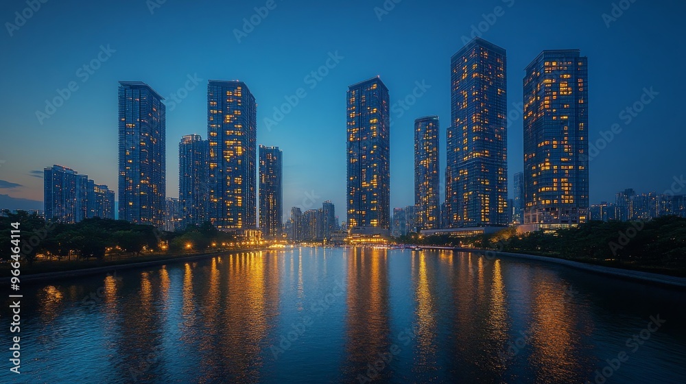Serene night view of a city skyline reflecting in calm water under the twilight sky Serene night view of a city skyline reflecting in calm water under the twilight sky