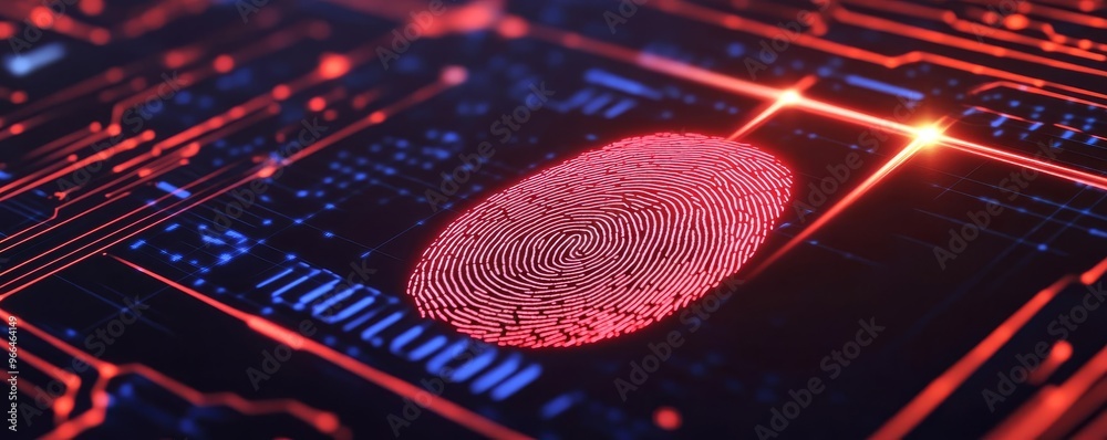 Cybersecurity concept with fingerprint being scanned by laser beams, data protection, biometric technology Cybersecurity concept with fingerprint being scanned by laser beams, data protection, biometric technology