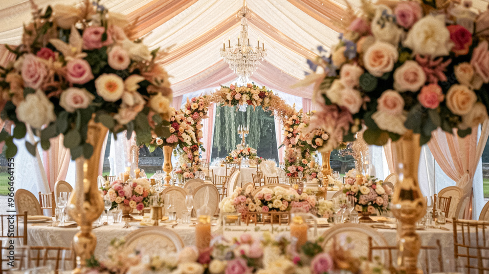 Fototapeta premium Grand wedding decoration in the country manor, floral decor and event celebration, flowers, wedding aisle and tablescape in the garden, English countryside style idea