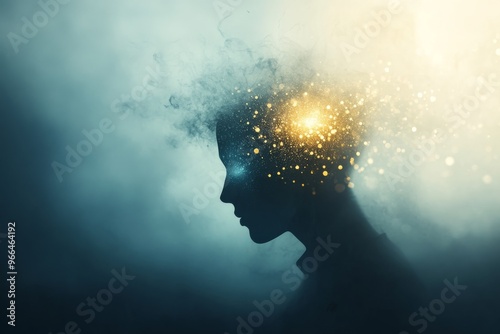 A profile silhouette of a person with glowing golden light in their head, representing inspiration and imagination.