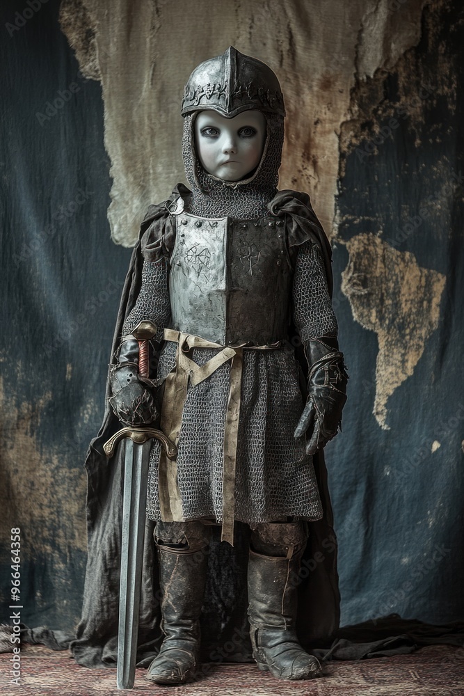 A child-like figure in medieval armor, holding a sword, set against a textured backdrop. A child-like figure in medieval armor, holding a sword, set against a textured backdrop.