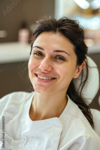 A woman sitting in a dentist's chair smiling at the camera