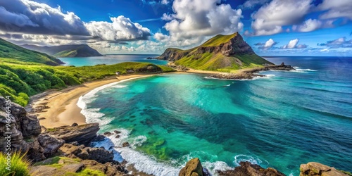 Scenic coastal landscape of Makapuu Beach Park, Oahu, Hawaii, features lush green cliffs, turquoise ocean, and white sand beach, with a dramatic sea arch. photo