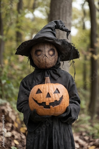 A scarecrow figure in a witch hat holding a carved pumpkin in a forest setting.