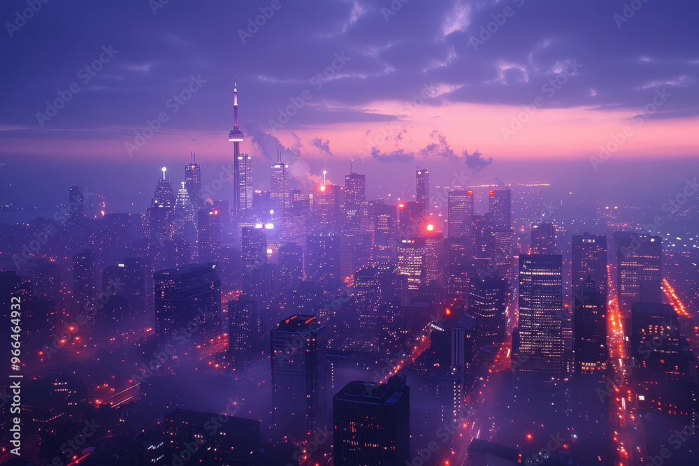 Fototapeta premium A vibrant city skyline at dusk, illuminated by colorful lights and shrouded in mist, showcasing the beauty of urban life