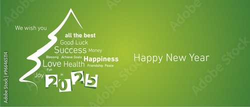 Happy New Year 2025 eve white negative space numbers with abstract christmas tree word cloud green background vector greeting card. 2025 gift under the christmas tree