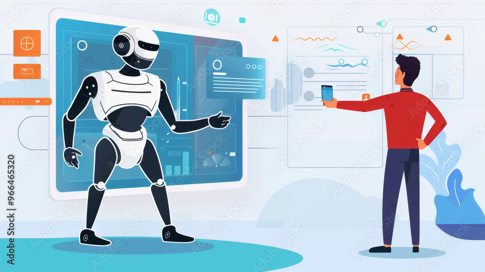 A humanoid robot interacting with a human in front of futuristic screens, highlighting advanced technology and data visualization A humanoid robot interacting with a human in front of futuristic screens, highlighting advanced technology and data visualization