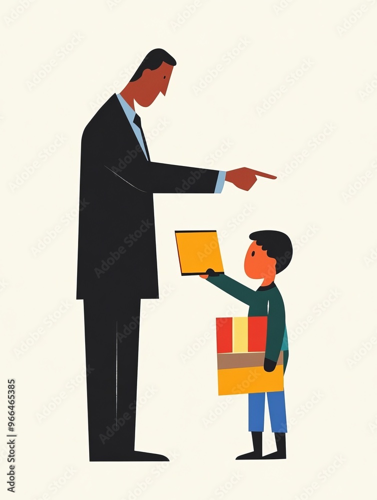 Minimalist flat design of an adult mentoring a child while holding books Minimalist flat design of an adult mentoring a child while holding books