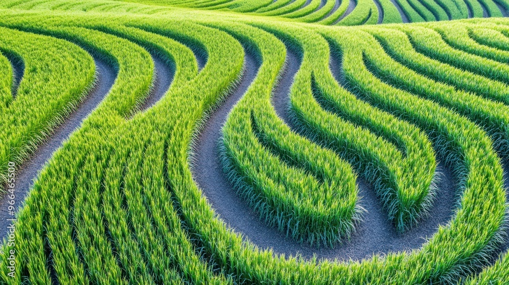 Lush Green Rice Paddy Fields with Curved Pathways Lush Green Rice Paddy Fields with Curved Pathways