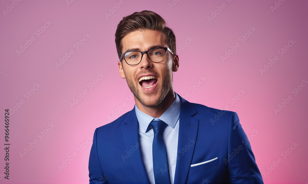 A man in a blue suit and glasses smiles while standing in front of a pink background A man in a blue suit and glasses smiles while standing in front of a pink background