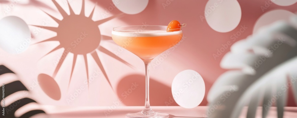 Elegant peach-colored cocktail in a sophisticated glass with pink floral background Elegant peach-colored cocktail in a sophisticated glass with pink floral background
