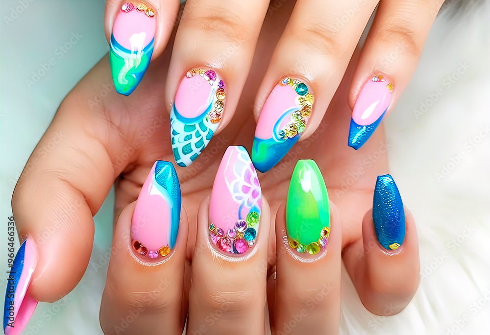 women's fingers with modern acrylic nail design, nail design business, acrylic nails, women's manicure
