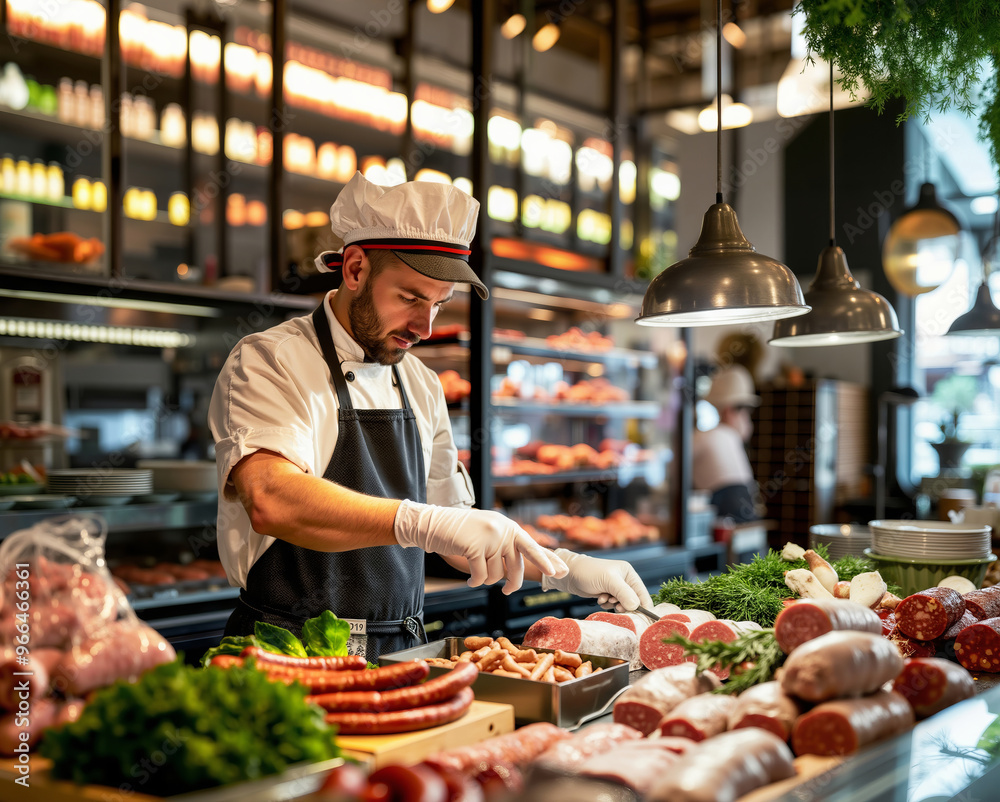 A man in a chef's hat and apron preparing food in a butcher shop A man in a chef's hat and apron preparing food in a butcher shop