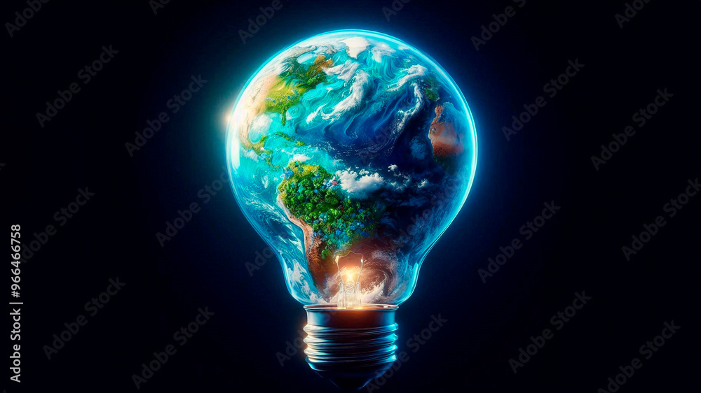 Planet Earth inside a light bulb, close up, top view, detailed image of Earth with vibrant blue oceans and lush green continents Planet Earth inside a light bulb, close up, top view, detailed image of Earth with vibrant blue oceans and lush green continents