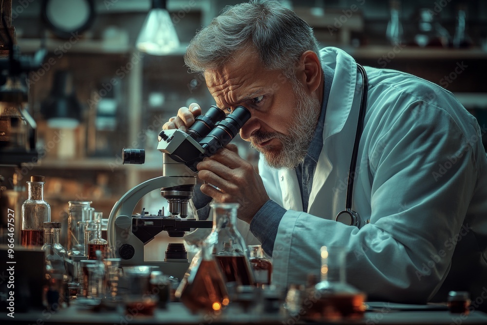 Scientist looking through a microscope in a laboratory setting with bottles around